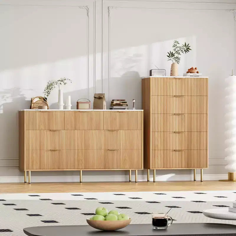 White / Marble & Wood 5-Drawer Dresser ¨C Fluted Panel, for 1 Person Use