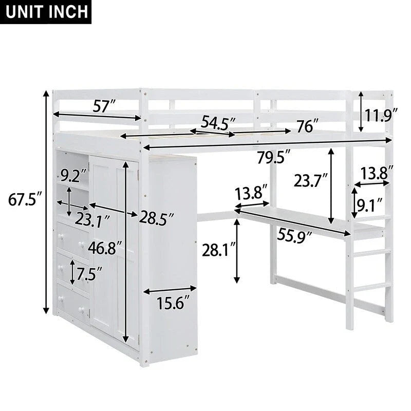 Full Size Wood Loft Bed with Built-in Wardrobe, Desk, Storage Shelves and Drawers