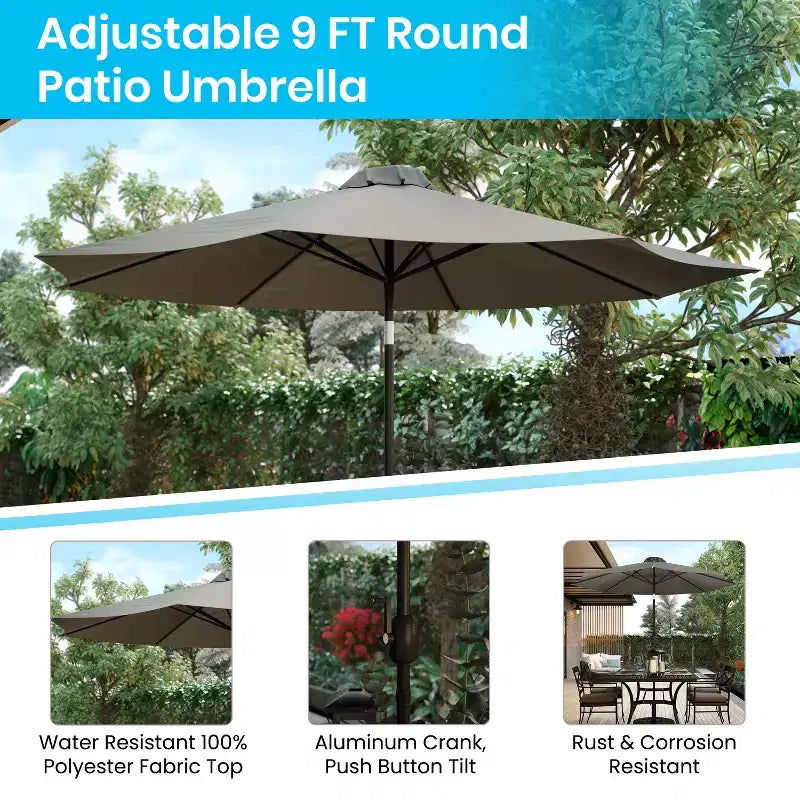 Merrick Lane 7 Piece Dining Set with Umbrella & Base - Steel Framed Table with Umbrella Hole & 4 Club Chairs