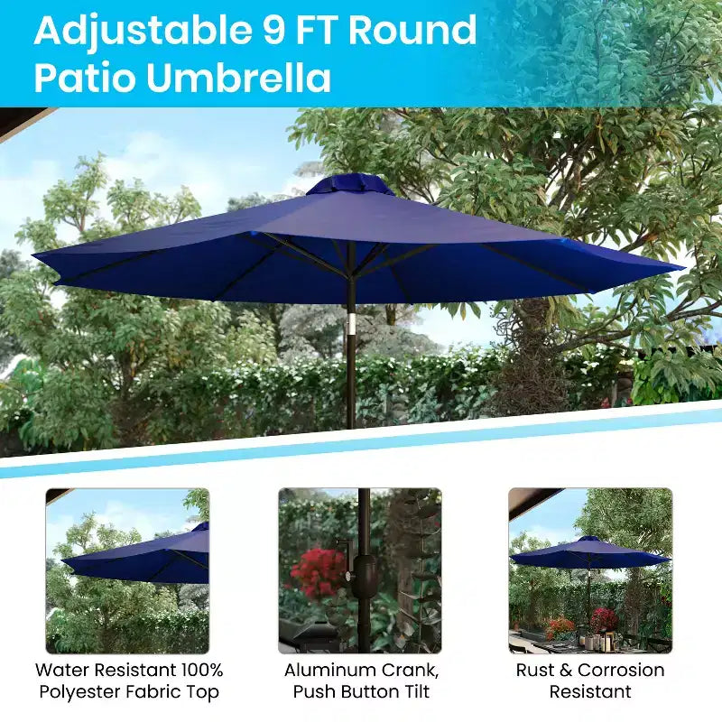 Merrick Lane 7 Piece Dining Set with Umbrella & Base - Steel Framed Table with Umbrella Hole & 4 Club Chairs