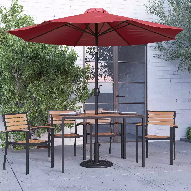Merrick Lane 7 Piece Dining Set with Umbrella & Base - Steel Framed Table with Umbrella Hole & 4 Club Chairs