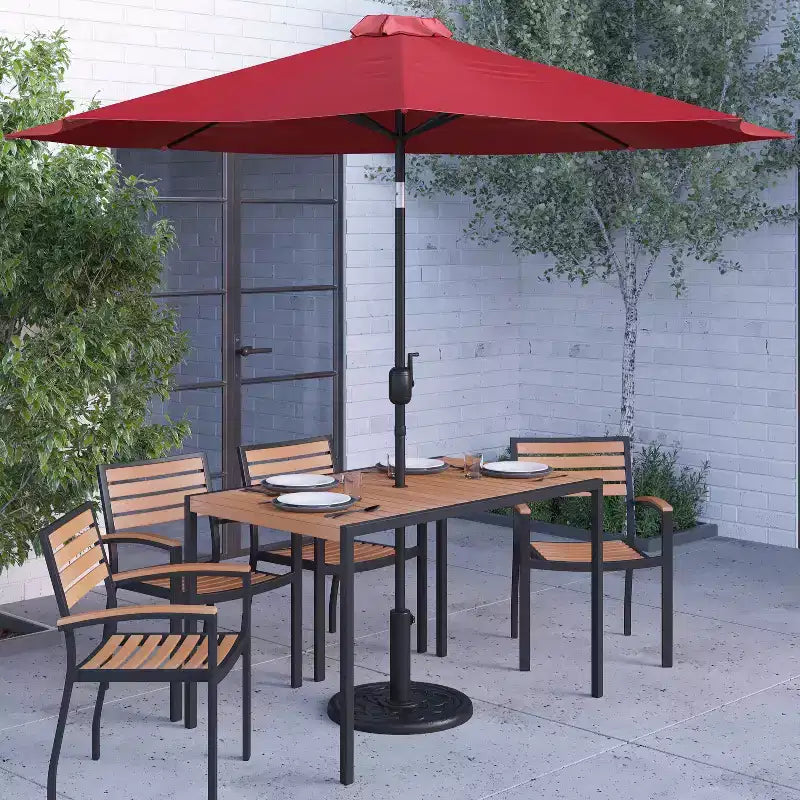Merrick Lane 7 Piece Dining Set with Umbrella & Base - Steel Framed Table with Umbrella Hole & 4 Club Chairs