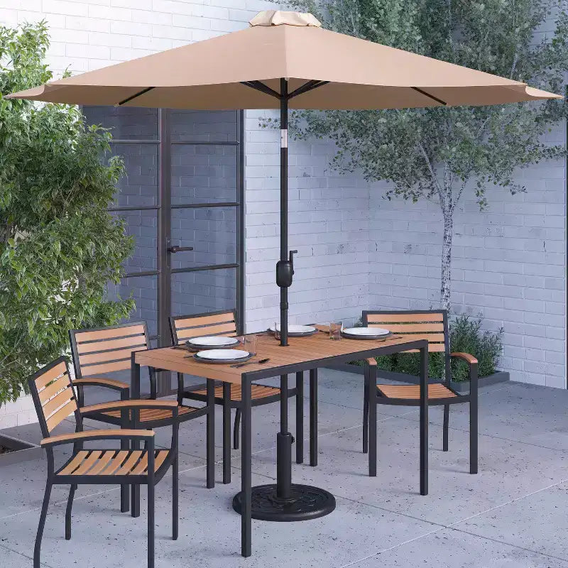 Merrick Lane 7 Piece Dining Set with Umbrella & Base - Steel Framed Table with Umbrella Hole & 4 Club Chairs
