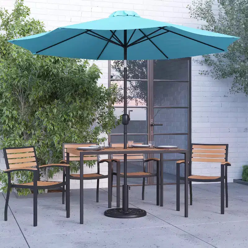 Merrick Lane 7 Piece Dining Set with Umbrella & Base - Steel Framed Table with Umbrella Hole & 4 Club Chairs