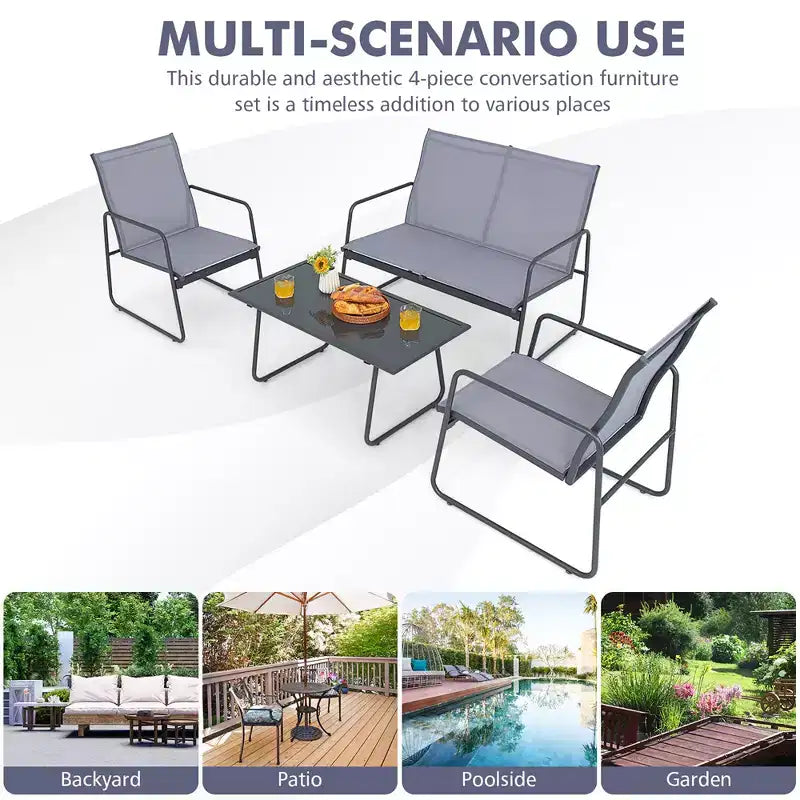 Costway 4-Piece Metal Patio Furniture Chat Set Outdoor Conversation Table Garden