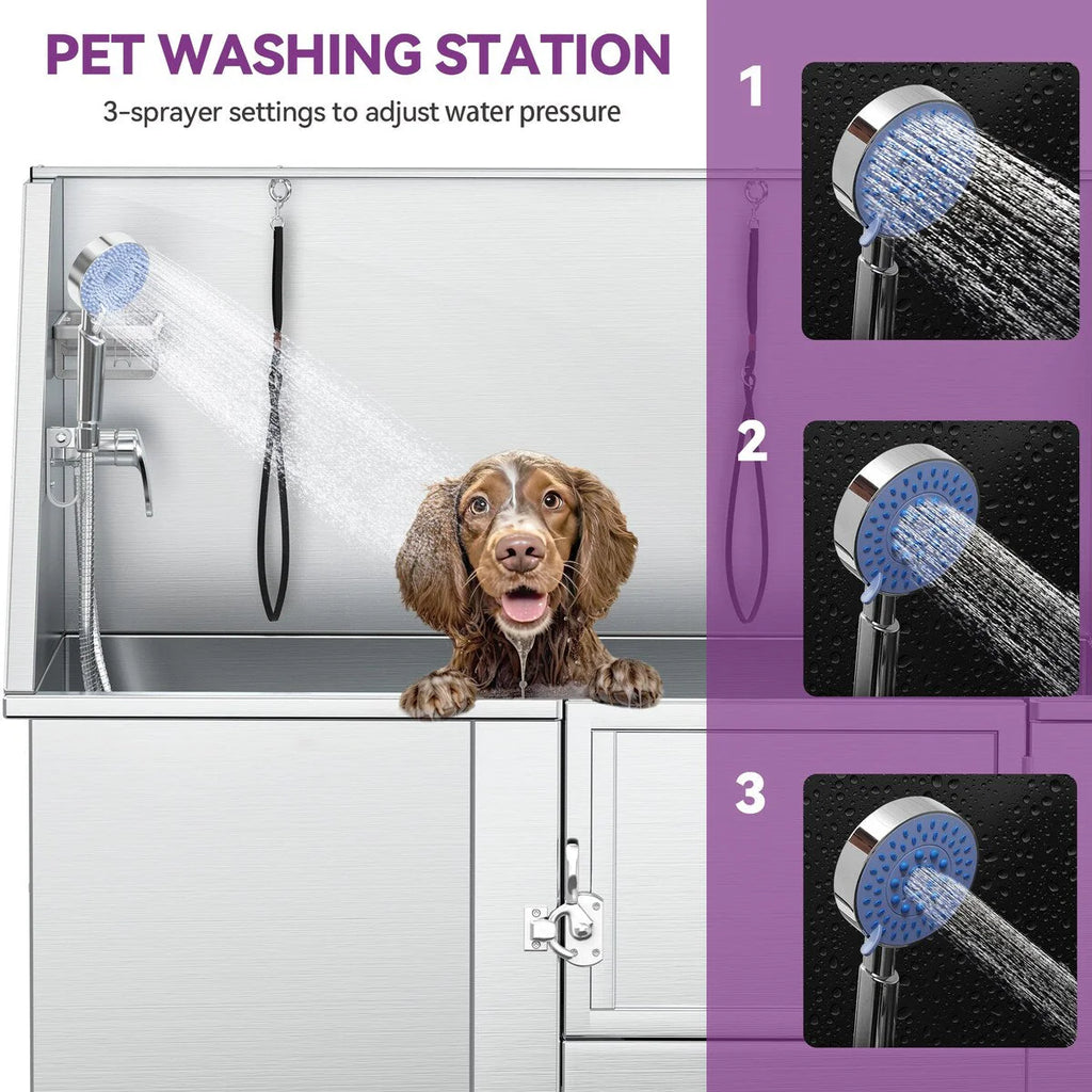 50'' W Stainless Steel Adjustable Pet Grooming Tub with Steps Ramp
