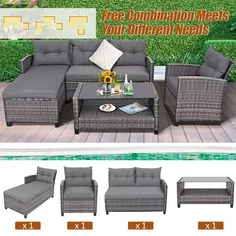 Costway 4PCS Patio Rattan Furniture Set Sofa Ottoman Cushion Garden Deck White/Gray/Black
