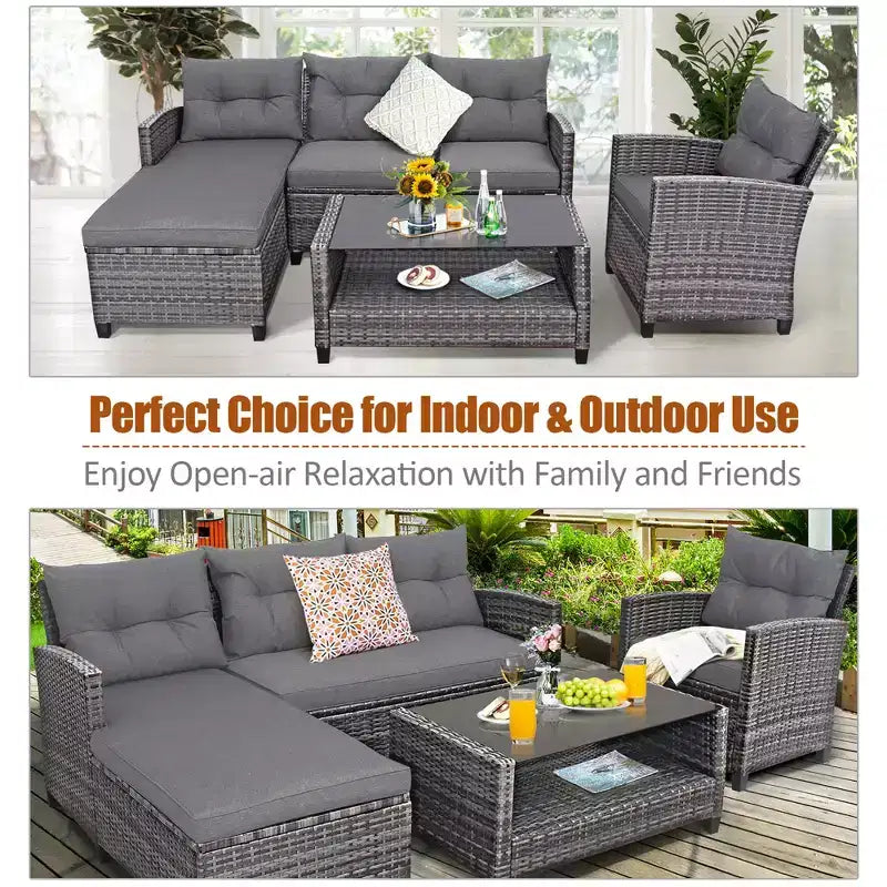 Costway 4PCS Patio Rattan Furniture Set Sofa Ottoman Cushion Garden Deck White/Gray/Black