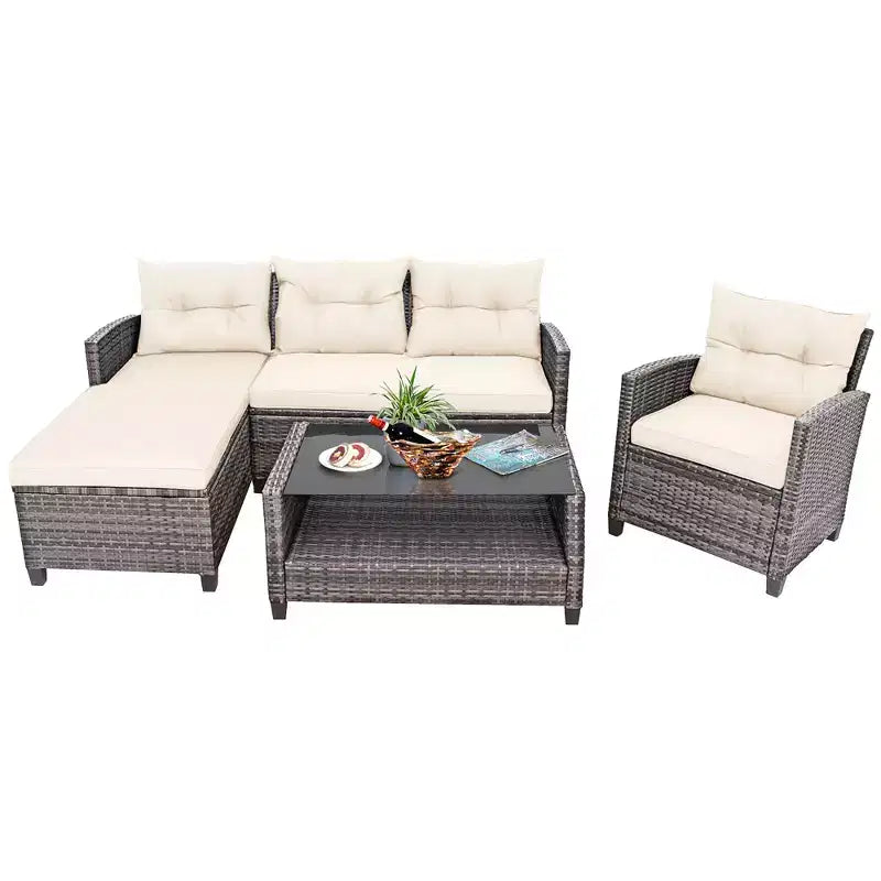 Costway 4PCS Patio Rattan Furniture Set Sofa Ottoman Cushion Garden Deck White/Gray/Black