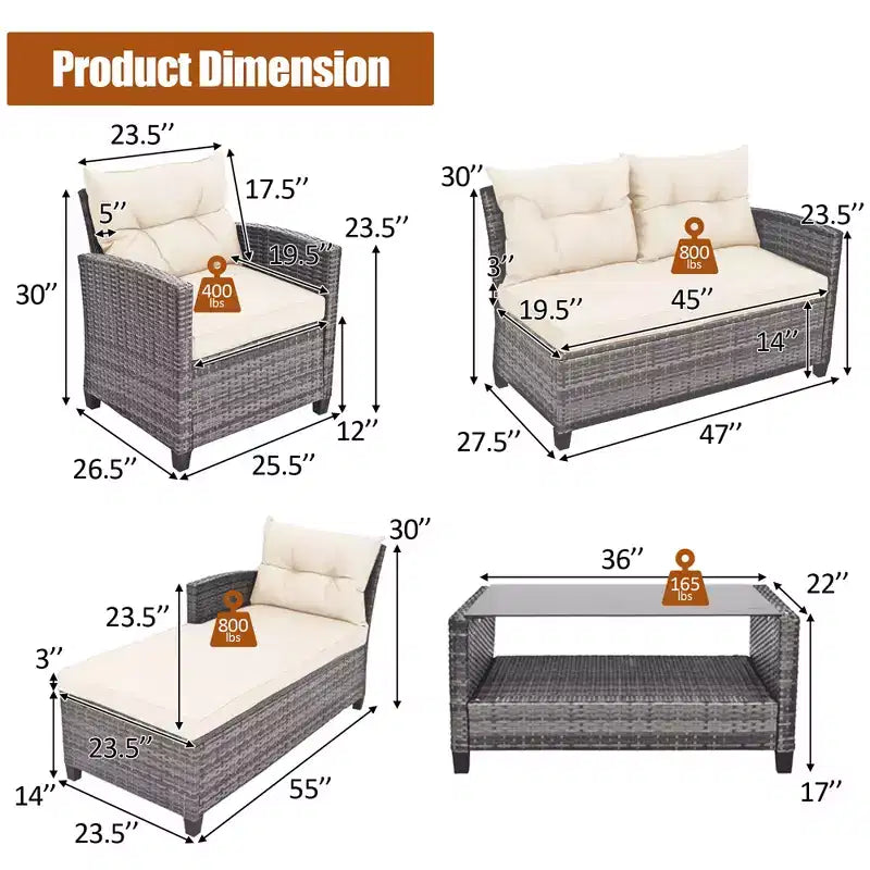 Costway 4PCS Patio Rattan Furniture Set Sofa Ottoman Cushion Garden Deck White/Gray/Black