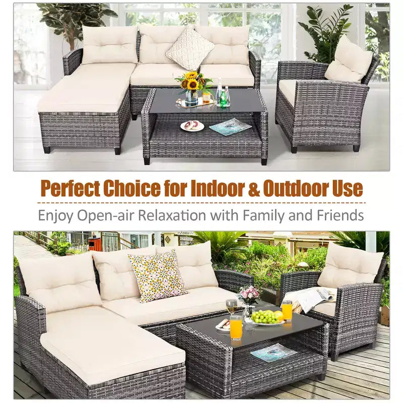 Costway 4PCS Patio Rattan Furniture Set Sofa Ottoman Cushion Garden Deck White/Gray/Black