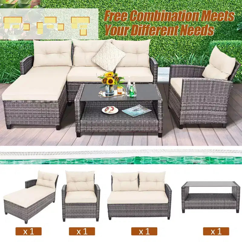 Costway 4PCS Patio Rattan Furniture Set Sofa Ottoman Cushion Garden Deck White/Gray/Black
