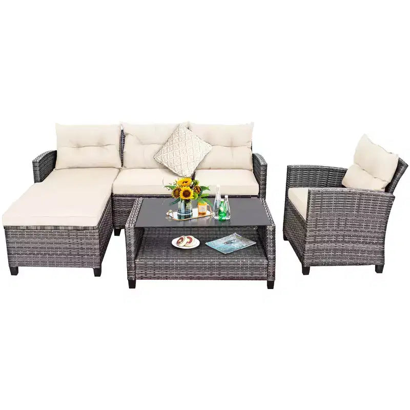 Costway 4PCS Patio Rattan Furniture Set Sofa Ottoman Cushion Garden Deck White/Gray/Black