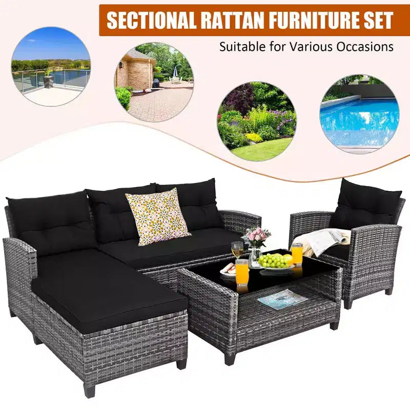 Costway 4PCS Patio Rattan Furniture Set Sofa Ottoman Cushion Garden Deck White/Gray/Black