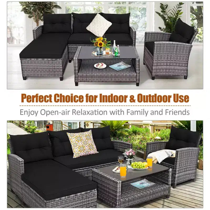 Costway 4PCS Patio Rattan Furniture Set Sofa Ottoman Cushion Garden Deck White/Gray/Black
