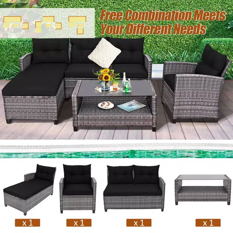 Costway 4PCS Patio Rattan Furniture Set Sofa Ottoman Cushion Garden Deck White/Gray/Black
