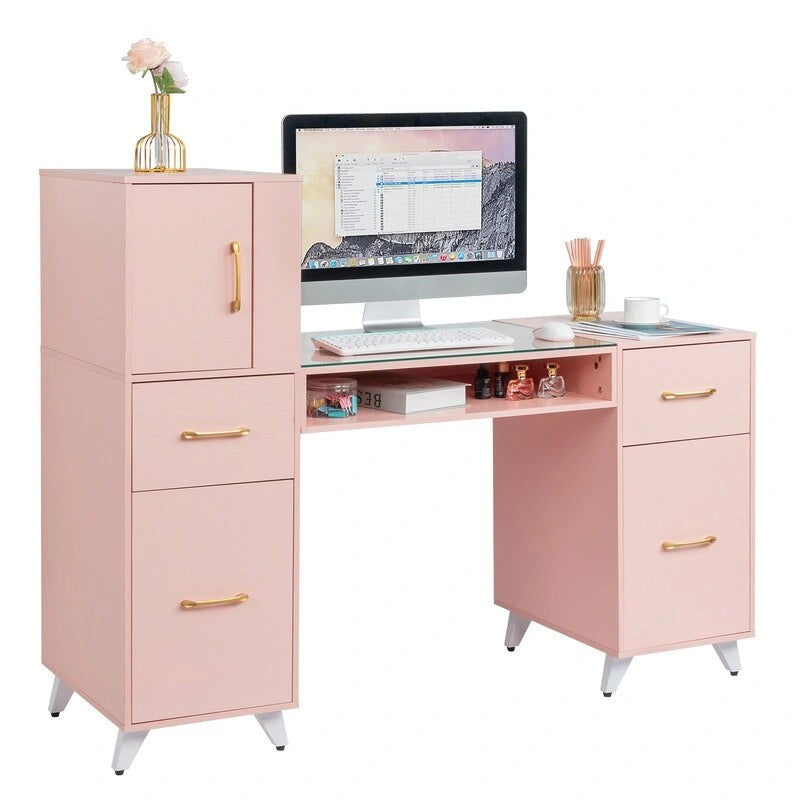 Bureau informatique de 140 cm avec étagères, tiroirs et armoire