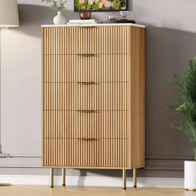 White / Marble & Wood 5-Drawer Dresser ¨C Fluted Panel, for 1 Person Use