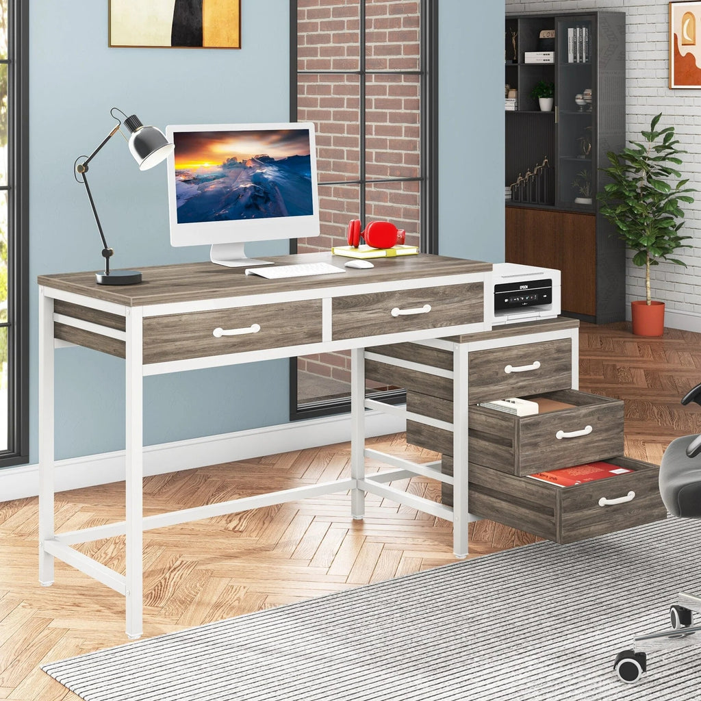 Bureau d'ordinateur réversible avec 5 tiroirs, bureau de travail à domicile avec caisson de rangement pour dossiers et support pour imprimante