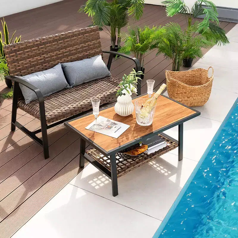 Costway 2 PCS Patio Rattan Loveseat Coffee Table Set Padded Back & Seat Pillow Quick Dry