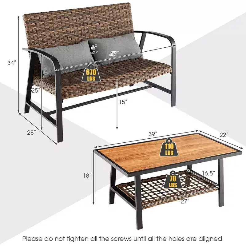 Costway 2 PCS Patio Rattan Loveseat Coffee Table Set Padded Back & Seat Pillow Quick Dry