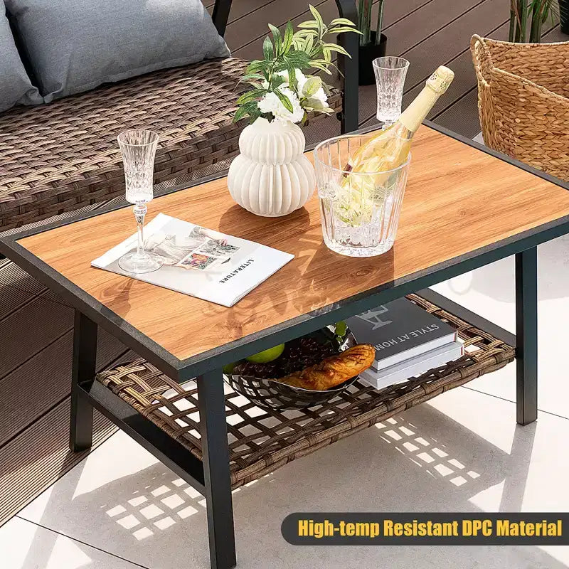 Costway 2 PCS Patio Rattan Loveseat Coffee Table Set Padded Back & Seat Pillow Quick Dry