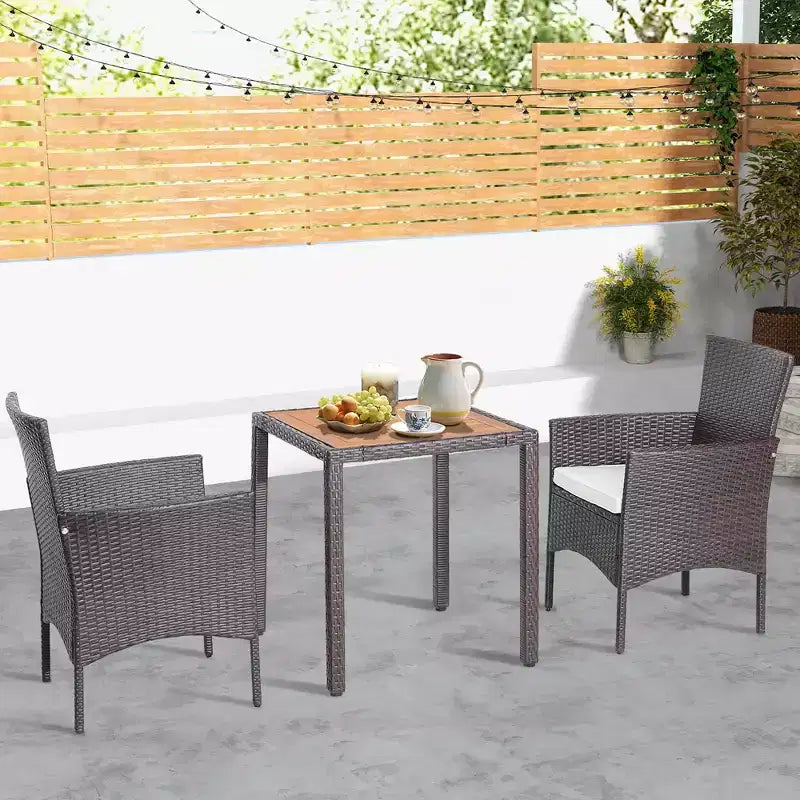 Costway 3PCS Patio Wicker Dining Set Acacia Wood Table Top with Cushioned Chairs Garden