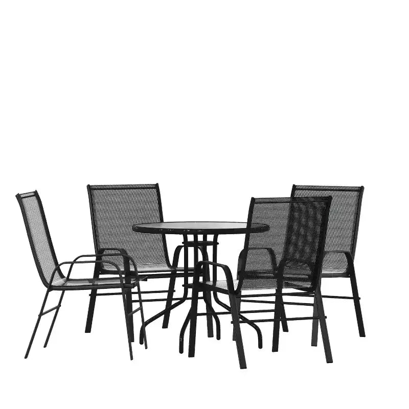 Emma and Oliver Five Piece Patio Table Set with Round Metal Table with Tempered Glass Top and 4 Flex Comfort Stacking Chairs