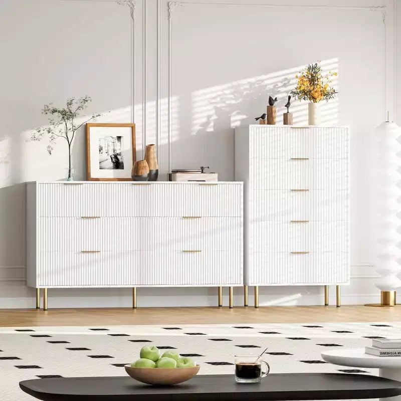 White / Marble & Wood 5-Drawer Dresser ¨C Fluted Panel, for 1 Person Use