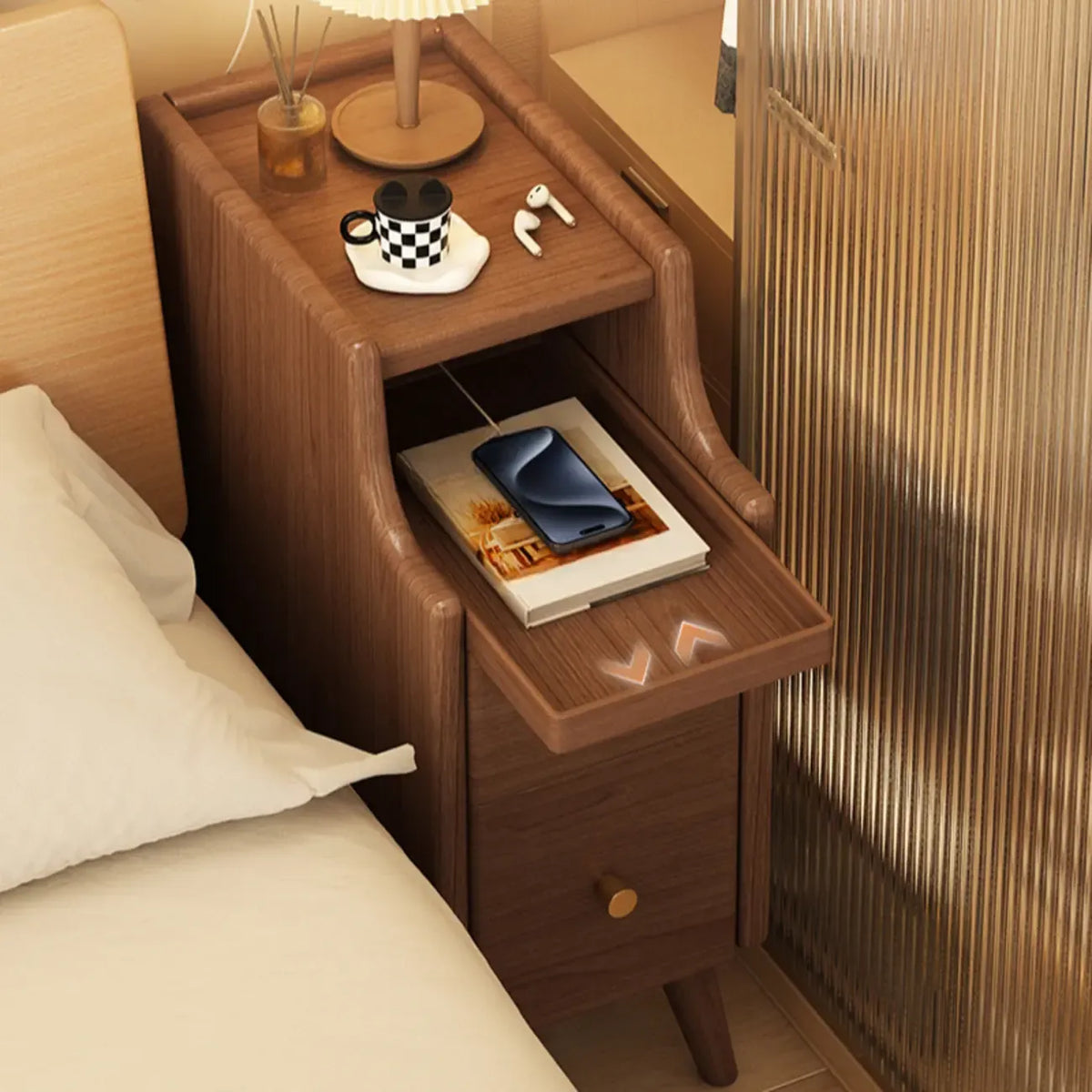 Narrow White Wood 2 Shelves Nightstand