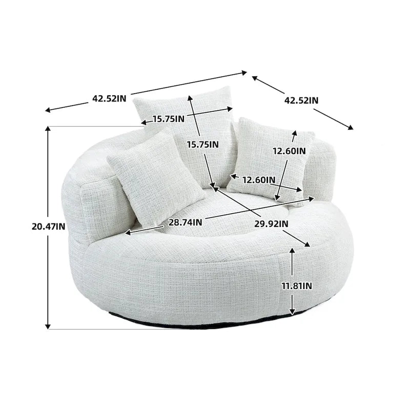 Fauteuil d'appoint rond surdimensionné avec haut dossier enveloppant, revêtement en chenille et 3 coussins