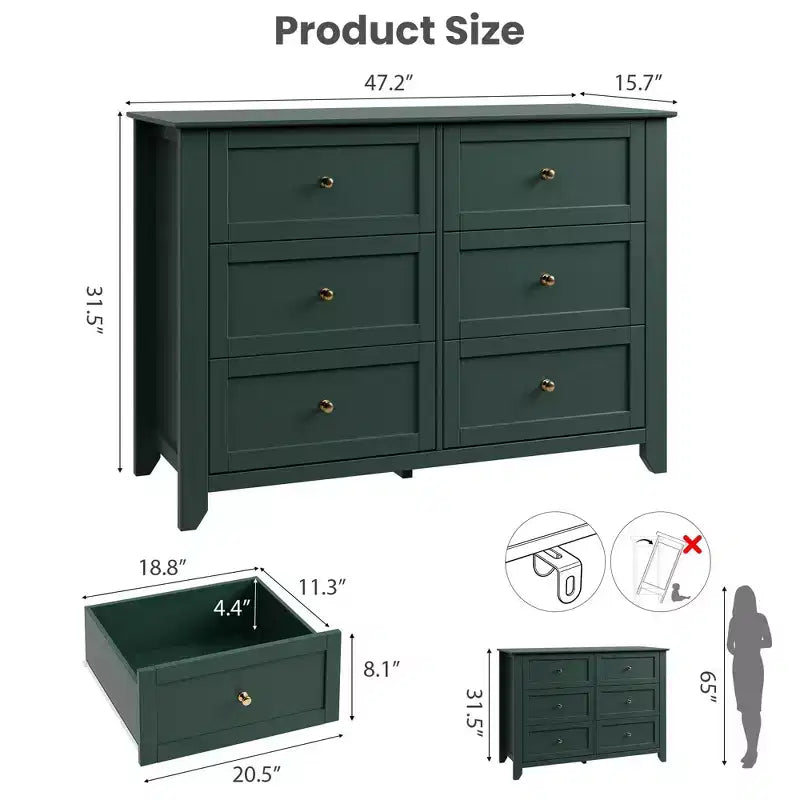Commode à 6 tiroirs pour chambre à coucher, grande commode avec tiroirs profonds et poignées en métal, commodes modernes en bois pour entrée, couloir