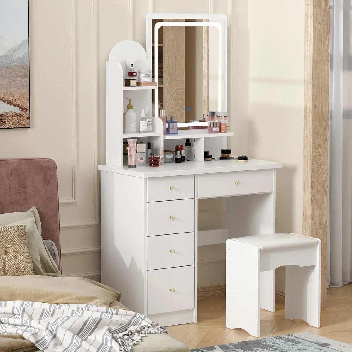 Coiffeuse avec éclairage LED, miroir et tabouret