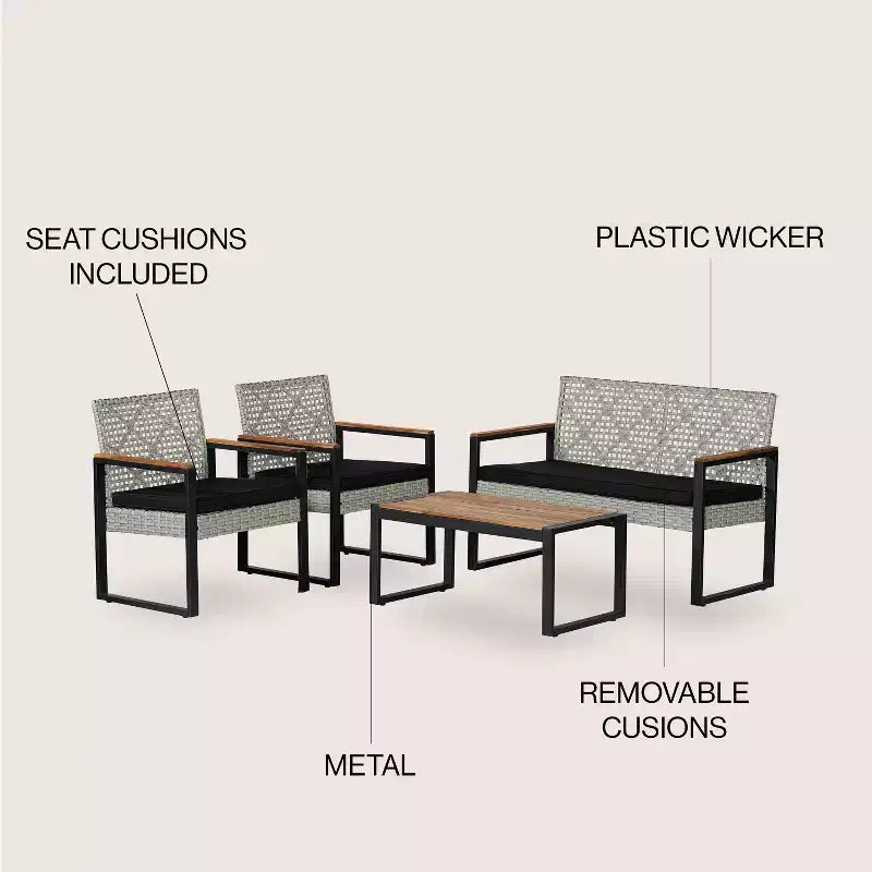 Wilder 4-Piece Modern Coastal Faux Wicker Conversation Outdoor Patio Set - JONATHAN Y