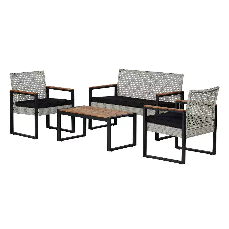 Wilder 4-Piece Modern Coastal Faux Wicker Conversation Outdoor Patio Set - JONATHAN Y