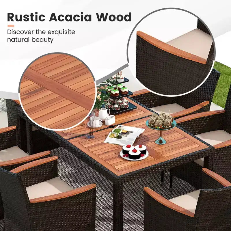 Costway 7 Pieces Outdoor Wicker Dining Set with Acacia Wood Table and 6 Stackable Chairs