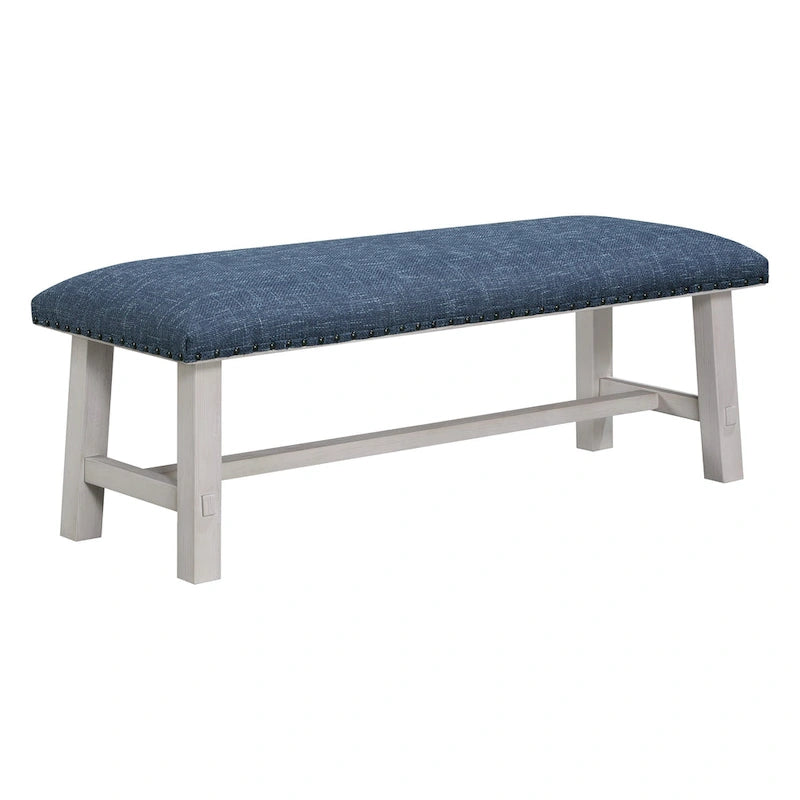 Banc avec cadre blanc décapé et garniture cloutée en bronze antique en tissu marine