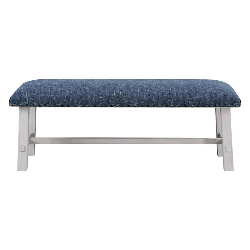 Banc avec cadre blanc décapé et garniture cloutée en bronze antique en tissu marine