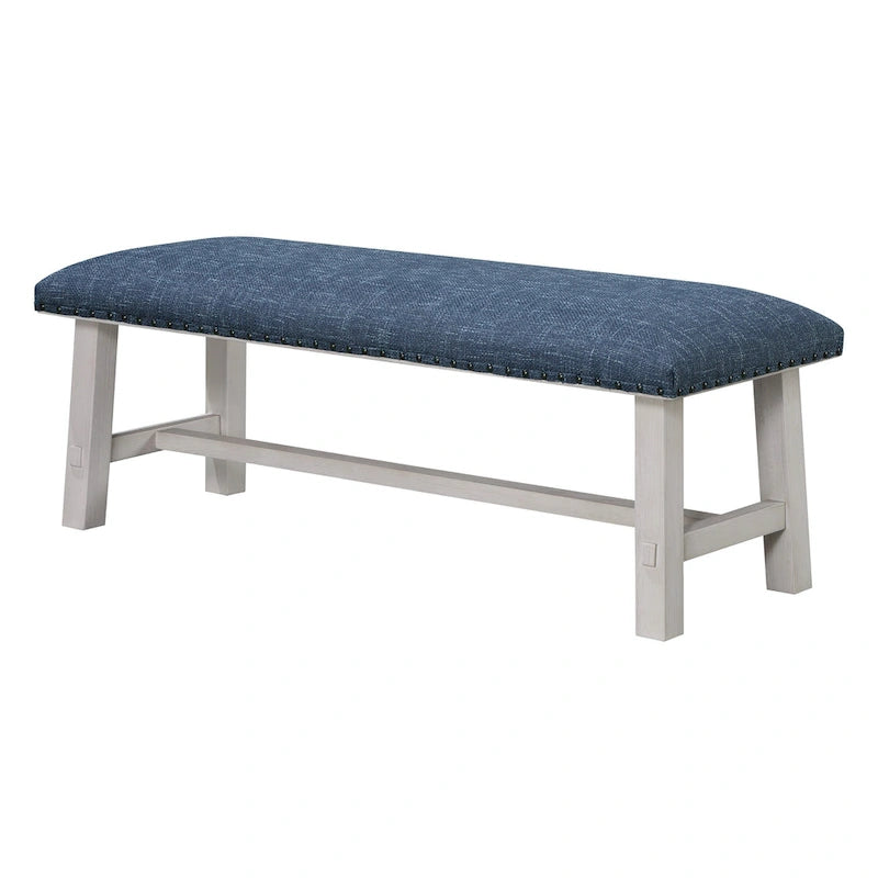 Banc avec cadre blanc décapé et garniture cloutée en bronze antique en tissu marine