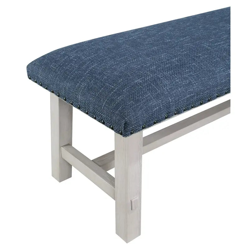 Banc avec cadre blanc décapé et garniture cloutée en bronze antique en tissu marine