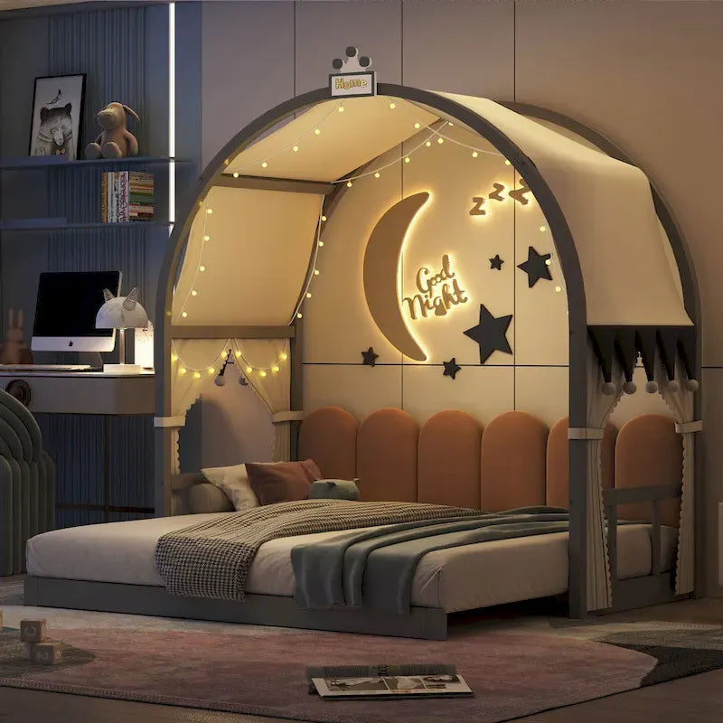 Lit plateforme Montessori au sol en bois massif, style maisonnette avec toit arqué et lit gigogne, pour filles et garçons