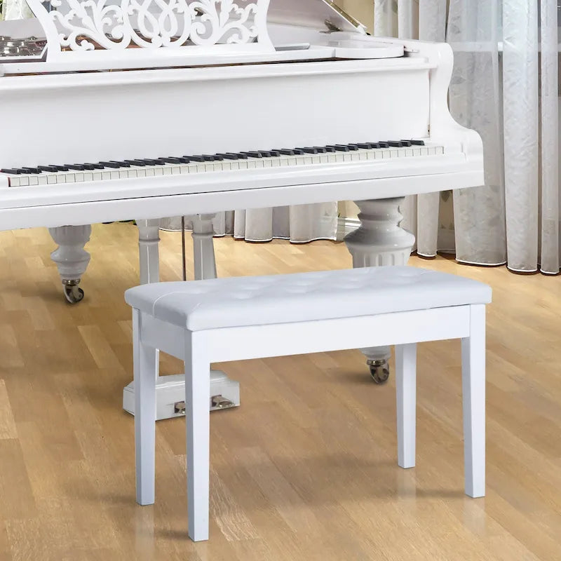 Banc de piano 2 places en similicuir rembourré, en bouleau blanc laqué, style champêtre traditionnel