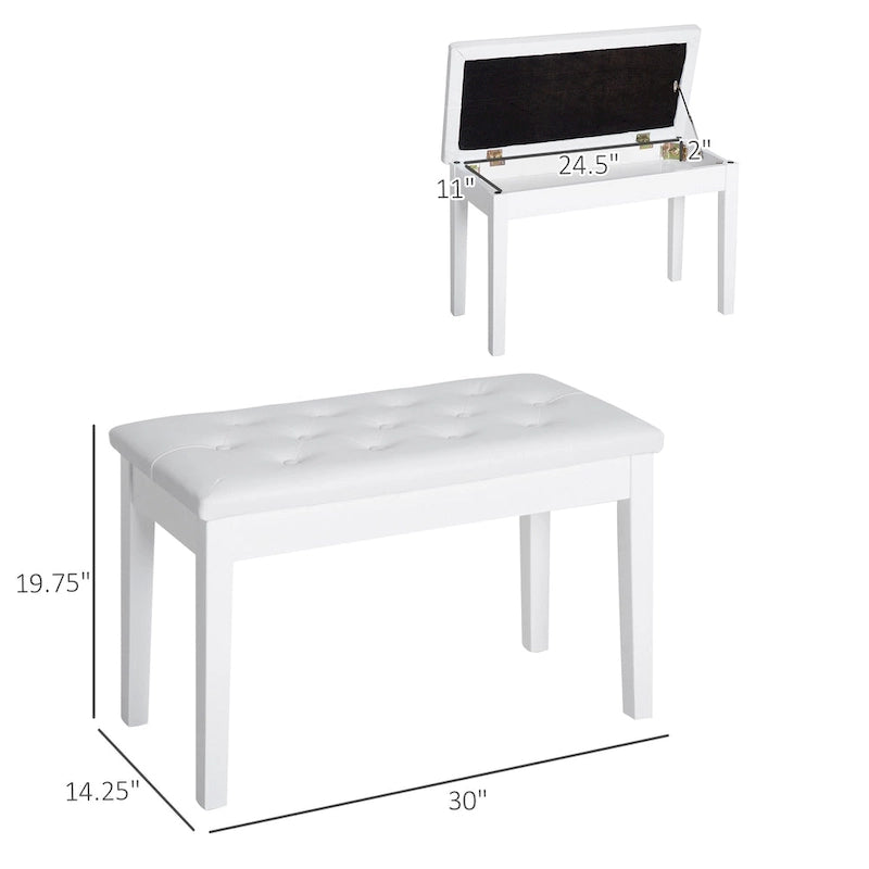 Banc de piano 2 places en similicuir rembourré, en bouleau blanc laqué, style champêtre traditionnel
