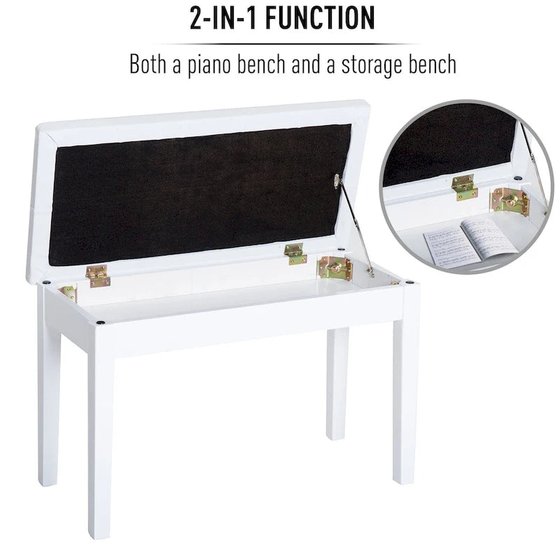 Banc de piano 2 places en similicuir rembourré, en bouleau blanc laqué, style champêtre traditionnel