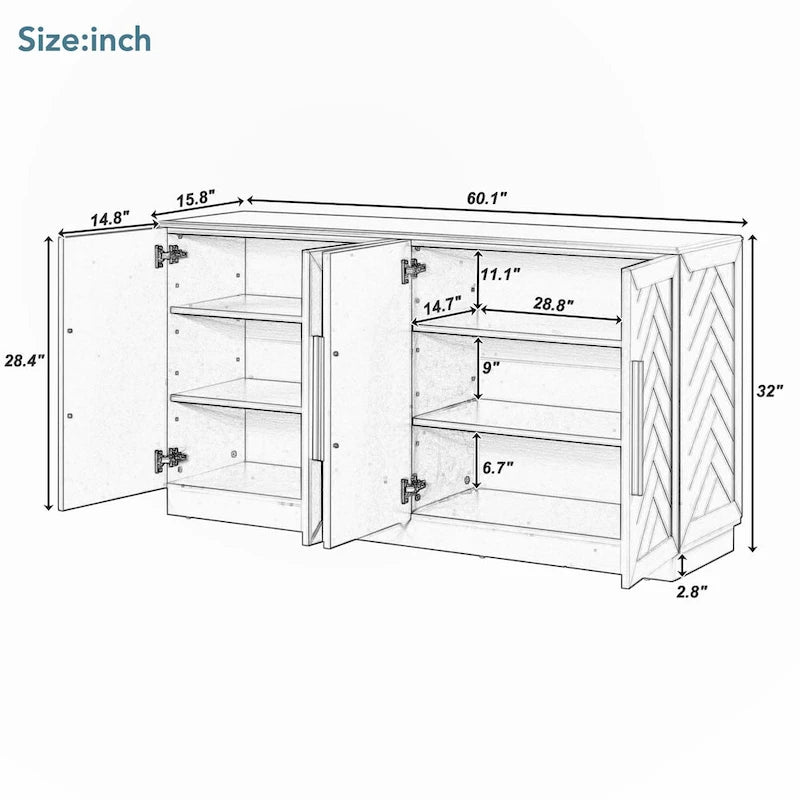 Buffet 4 Portes, Grand Espace de Rangement avec Étagères Réglables