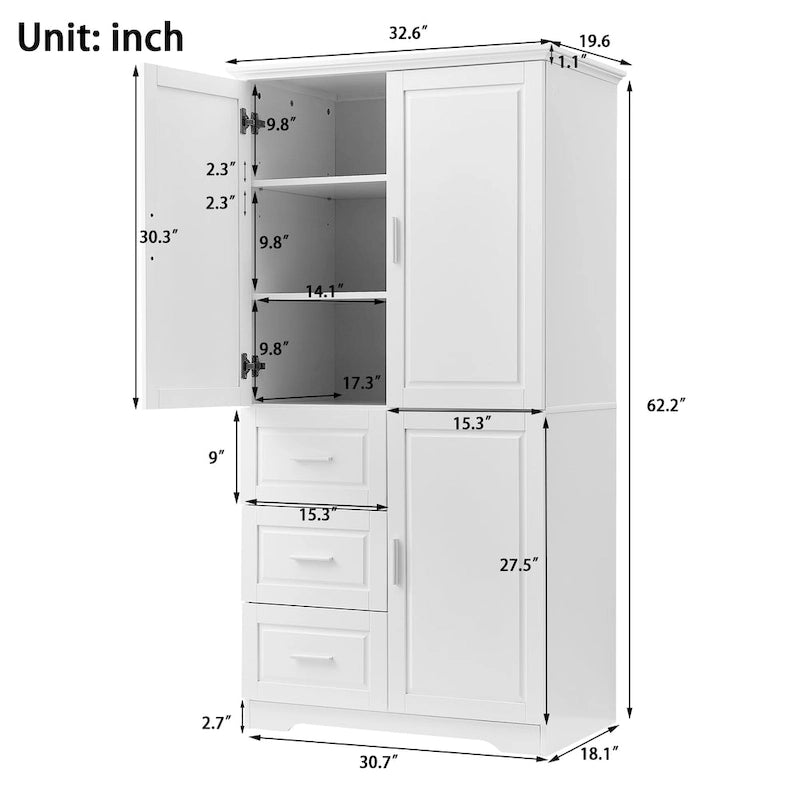 Meuble de rangement haut de salle de bain avec portes et trois tiroirs