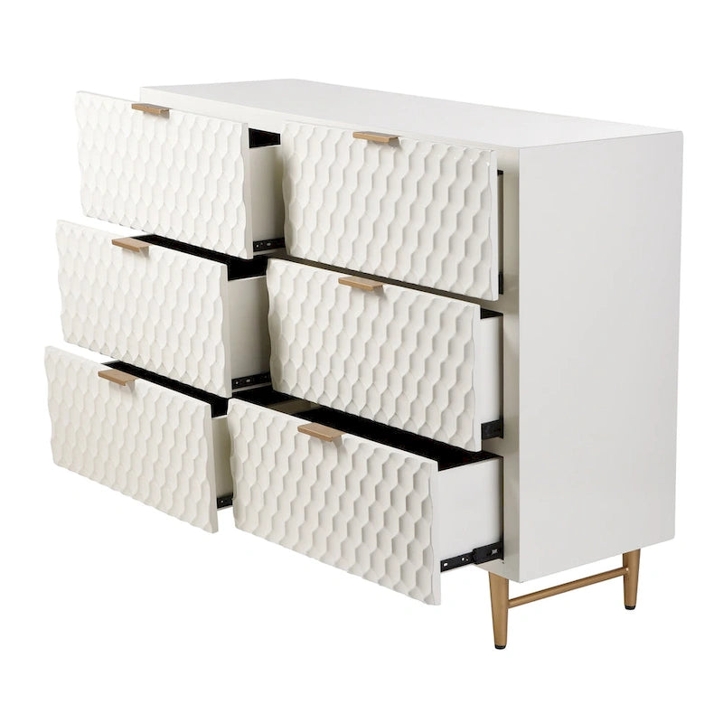 Commode d'appoint à six tiroirs avec poignées dorées, finition crème et dorée