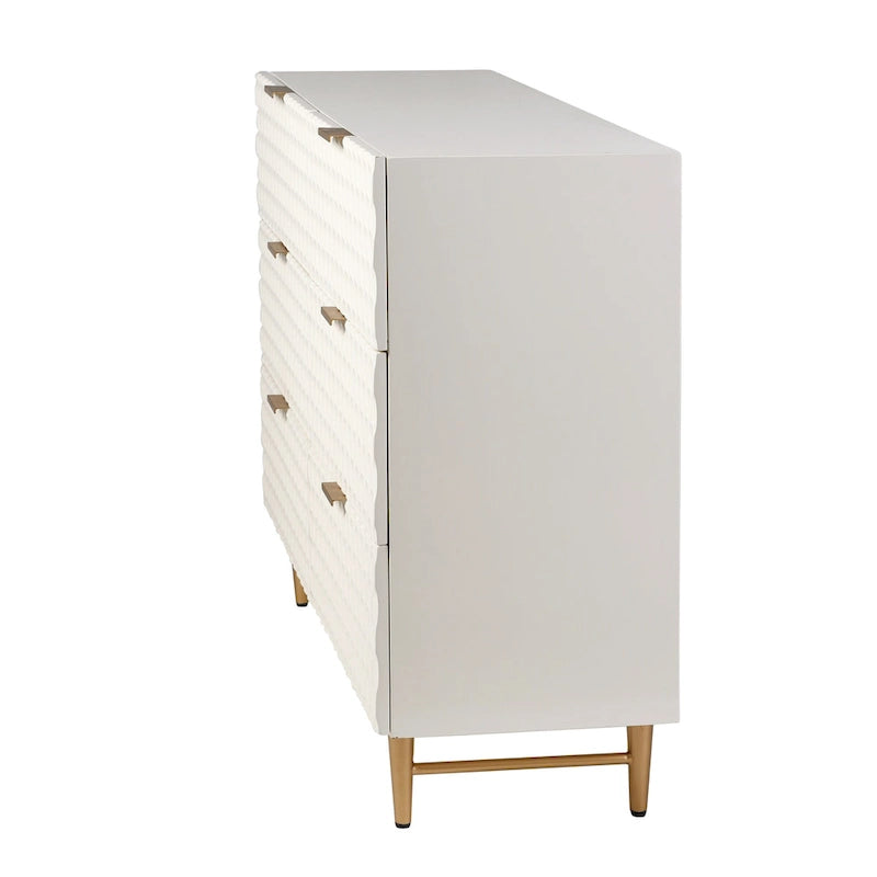 Commode d'appoint à six tiroirs avec poignées dorées, finition crème et dorée