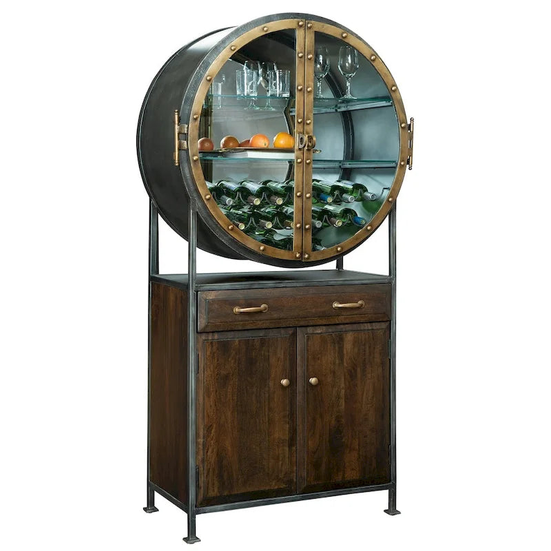 Meuble de bar et casier à vin en bois brun et métal gris