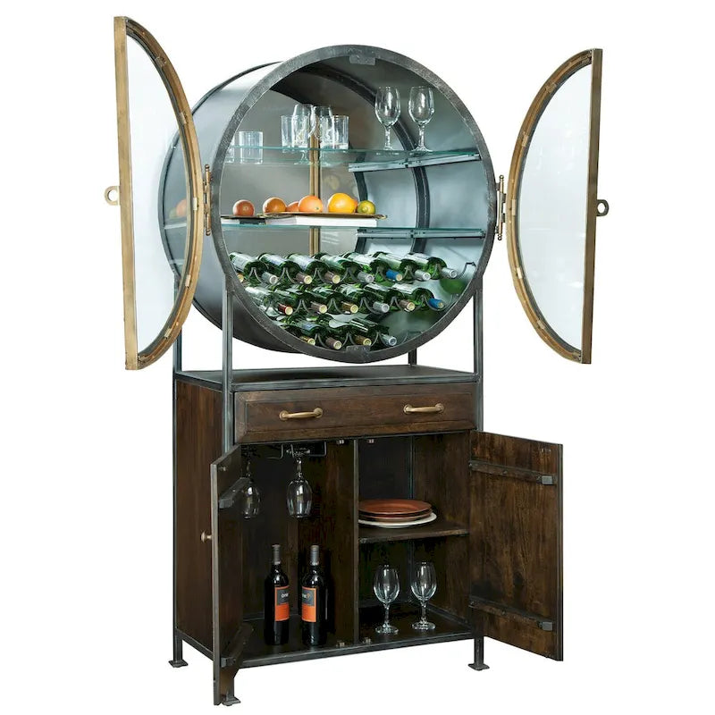 Meuble de bar et casier à vin en bois brun et métal gris